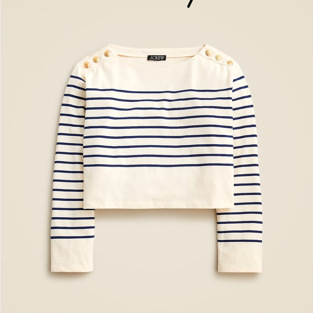 J.Crew Cropped Boatneck Mariner Stripe Tee w/ Gold Buttons - Picture 3 of 4